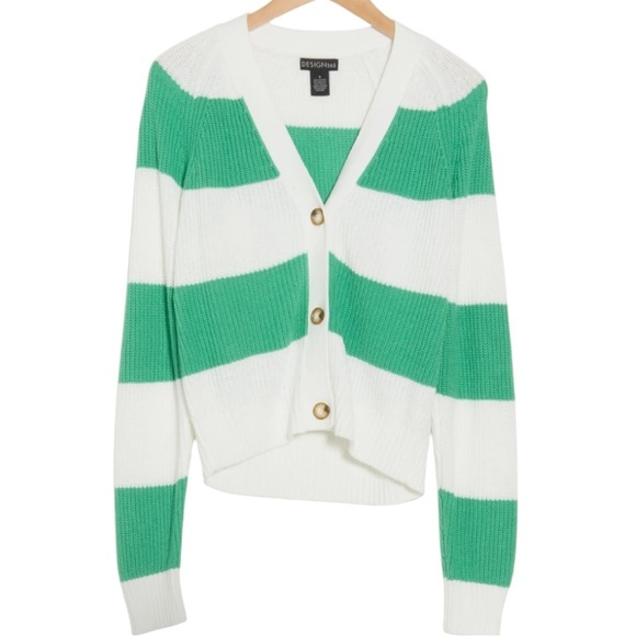 Design History Button Front Green and White Striped Varsity Cardigan Sz XL - Picture 2 of 3
